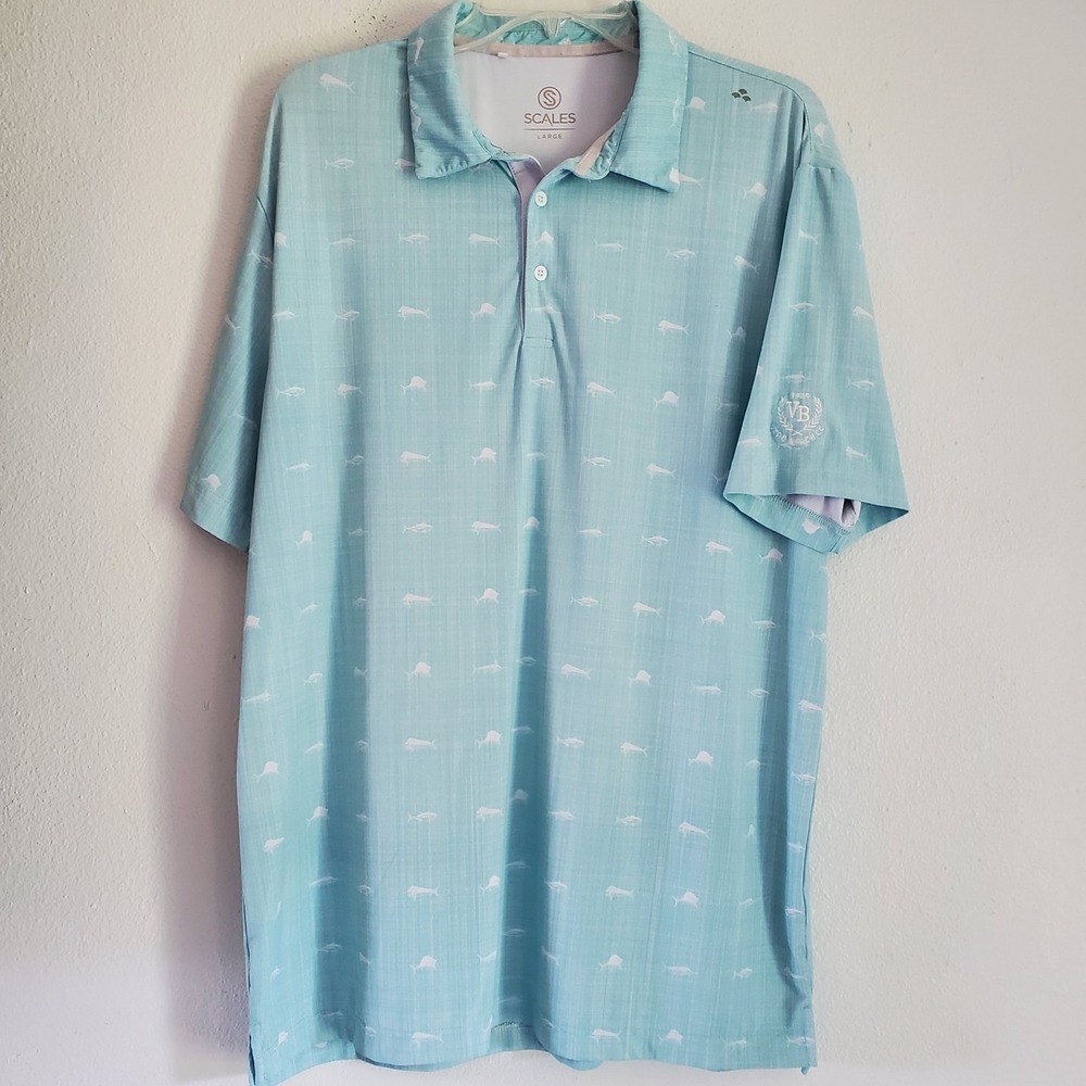 Scales Performance Polo‎ Shirt Mens Large Short Sleeve Allover Fish Print Blue
